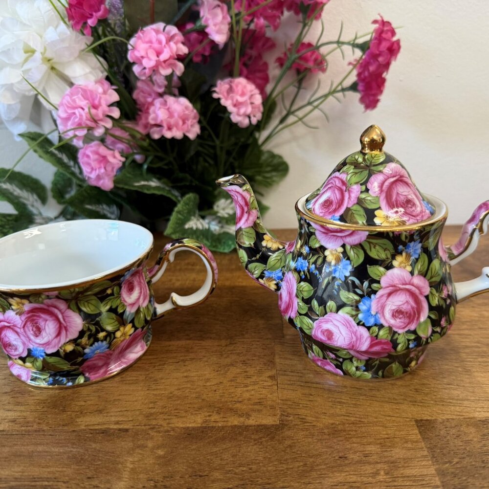 Royal Staffordshire Black Chintz Rose Teapot Floral Cup Gold Trim Pink‎ Blue